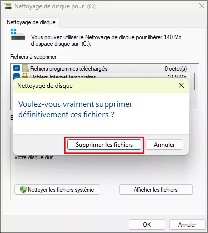 cliquez sur supprimer les fichiers