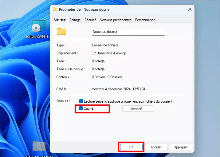 cochez l'option cachée
