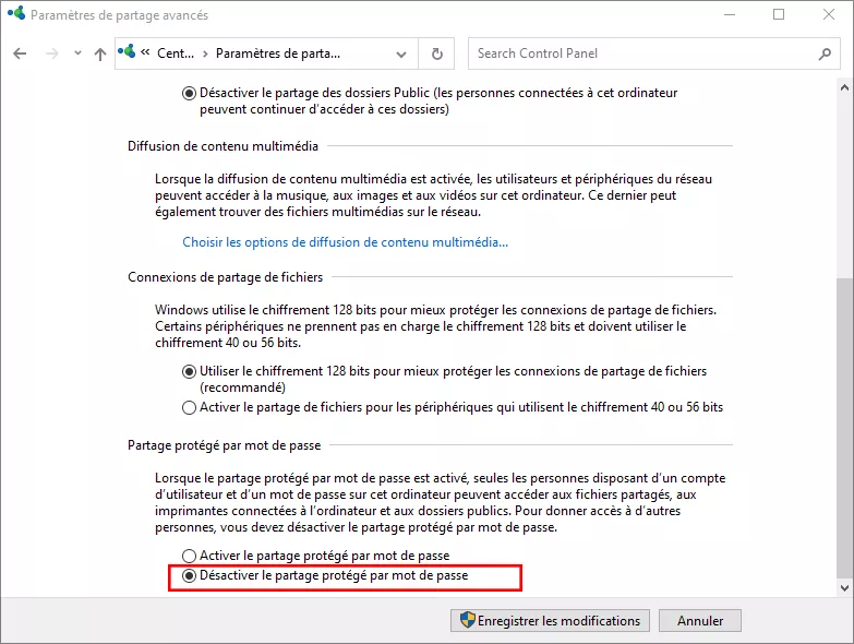 désactiver le partage protégé par mot de passe