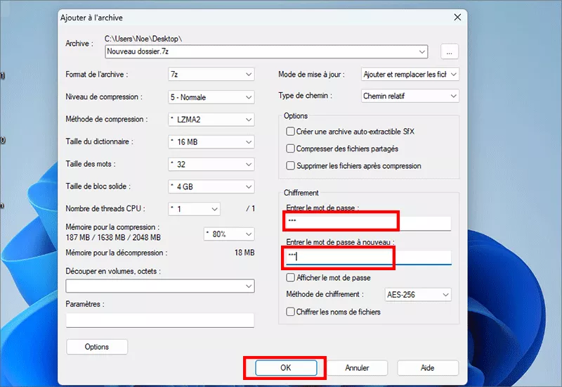entrez le mot de passe deux fois