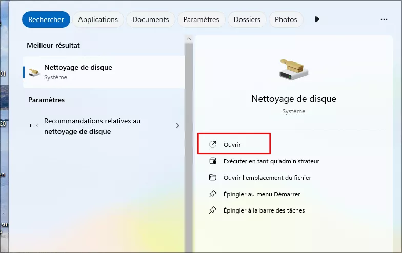 nettoyage de disque ouvert
