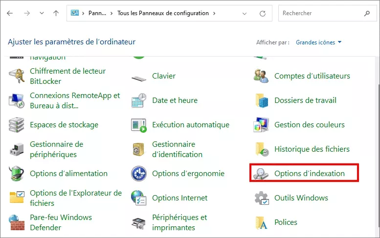 options d'indexation par clic