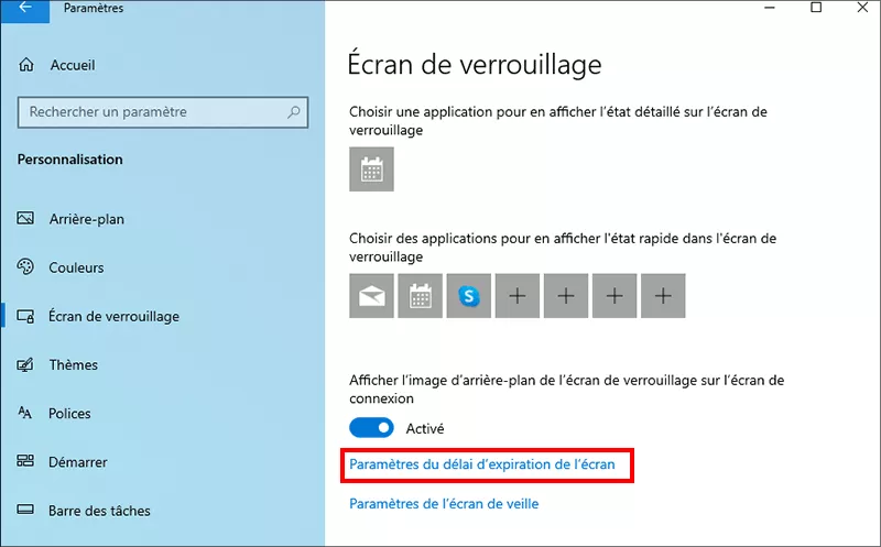 paramètres de délai d'expiration de l'écran de clic