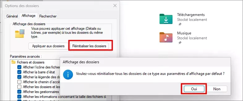 réinitialiser le dossier explorateur de fichiers