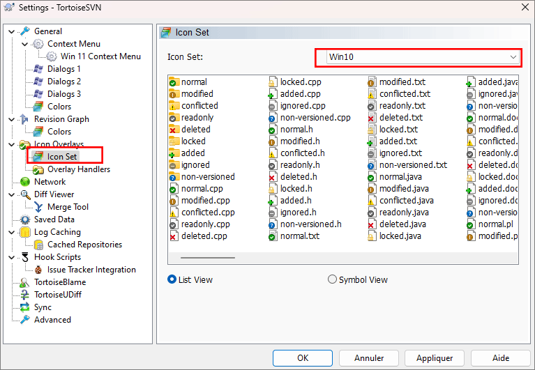 sélectionner le jeu d'icônes