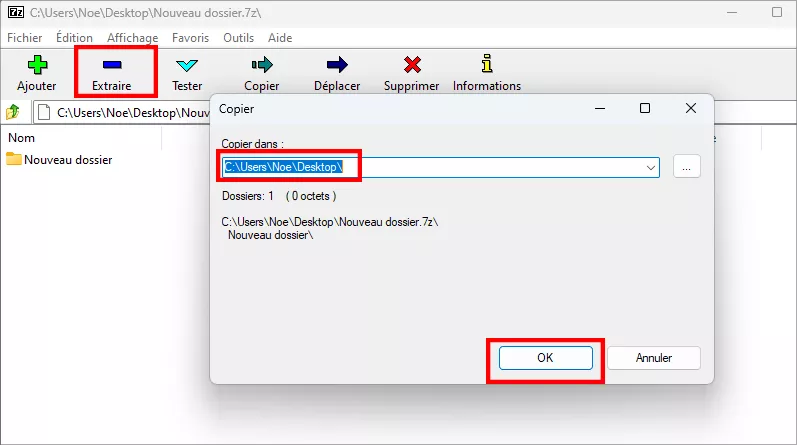 sélectionner un dossier vers lequel extraire