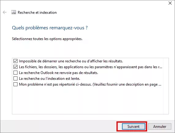 sélectionnez le problème et cliquez sur suivant