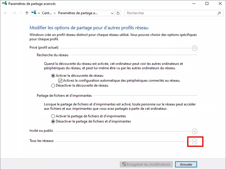 cliquez sur la flèche vers le bas de tous les réseaux