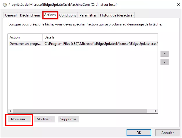 cliquez sur nouvel onglet sous actions