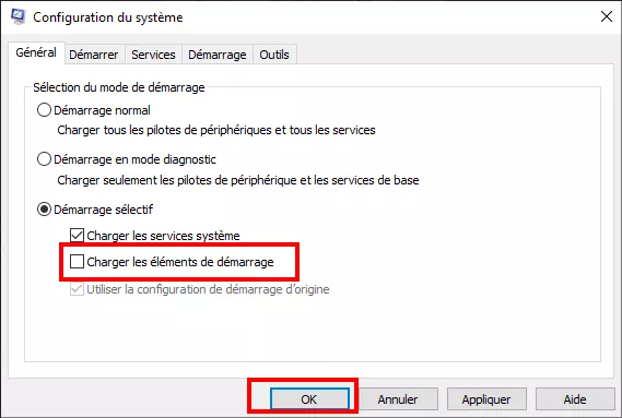 décocher charger les éléments de démarrage