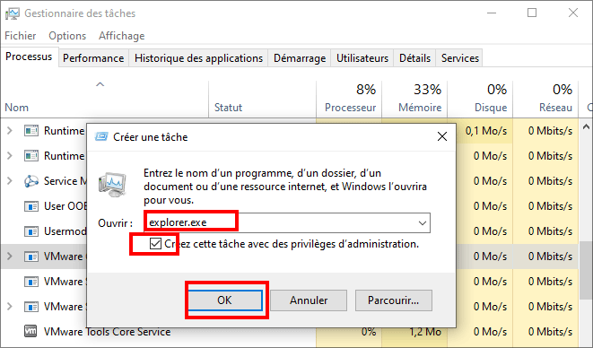 exécuter explorer en tant que nouvelle tâche