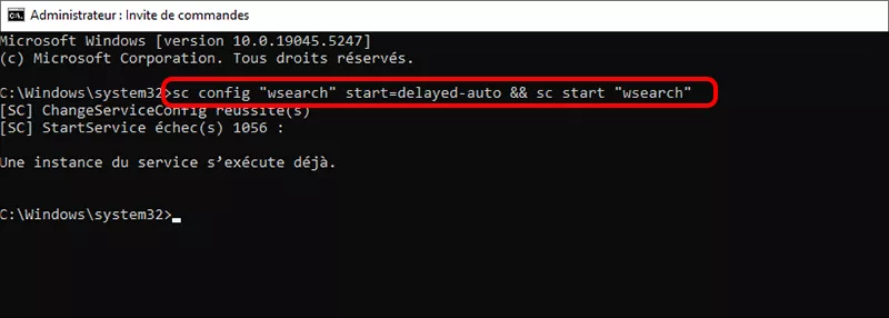 exécuter la commande pour activer windows search service