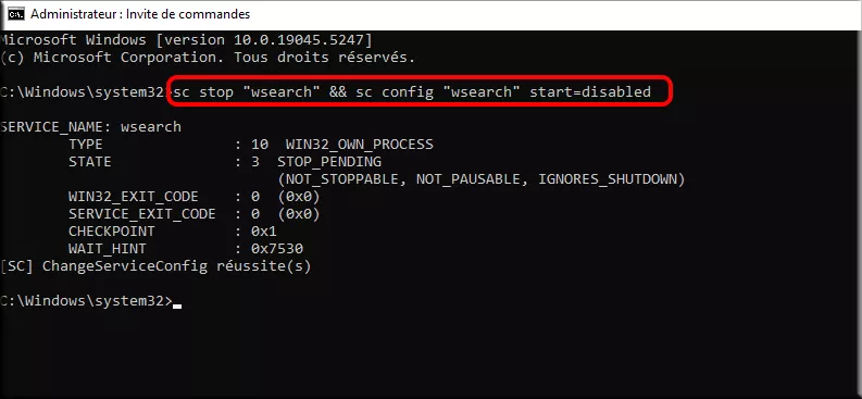 exécuter la commande pour désactiver windows search service