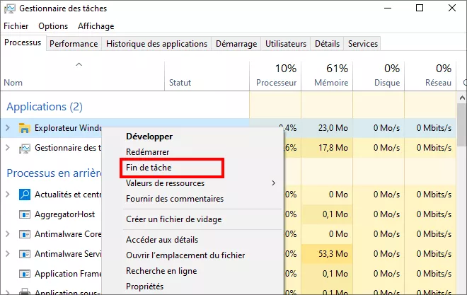 fin de l'explorateur windows
