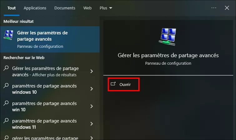 ouvrir gérer les paramètres de partage avancés