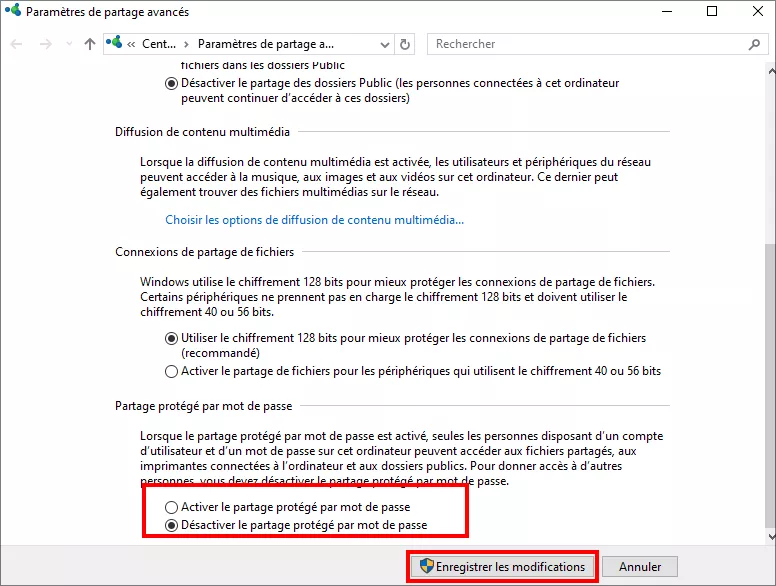 personnaliser les paramètres de partage protégés par mot de passe