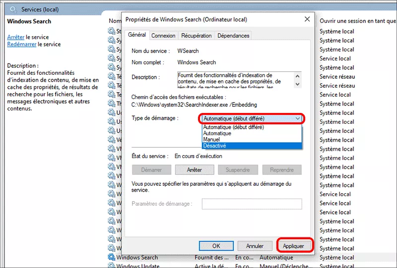 sélectionner démarrage différé automatique et application