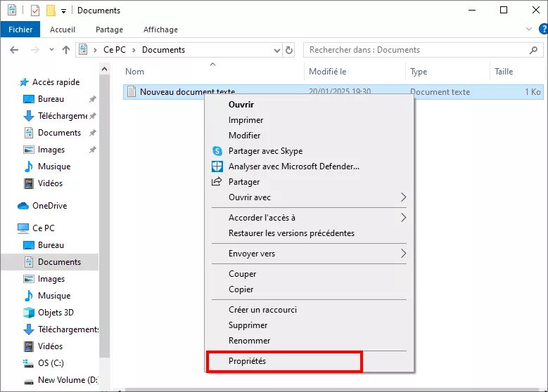 sélectionner propriétés pour le fichier batch