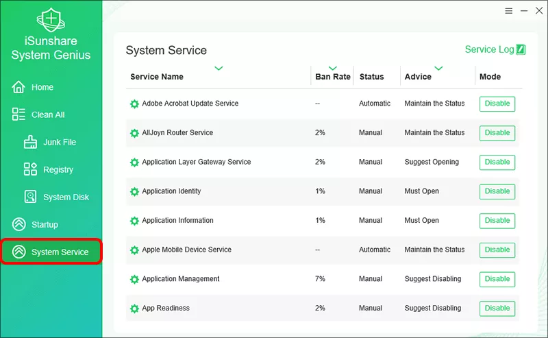 sélectionnez l'option du service système
