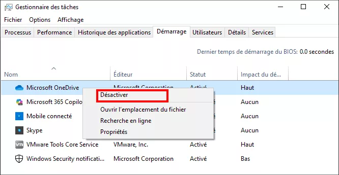 sélectionnez programme et cliquez désactiver