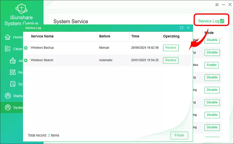 vérifier le journal de service