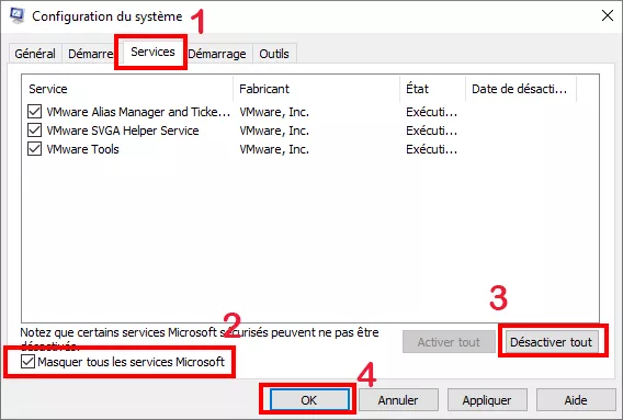 vérifier masquer tous les services microsoft